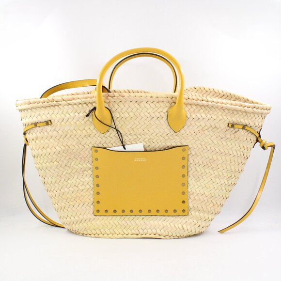 NWT Isabel Marant Cadix Raffia Basket Bag with Leather Trim in Natural/Ochre - Picture 1 of 12
